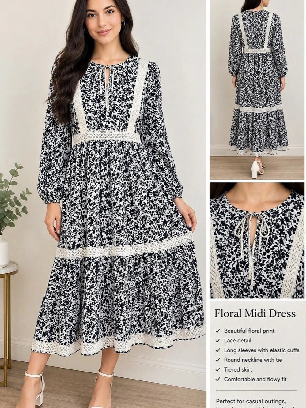 Floral Midi Dress in Blue & White Like New